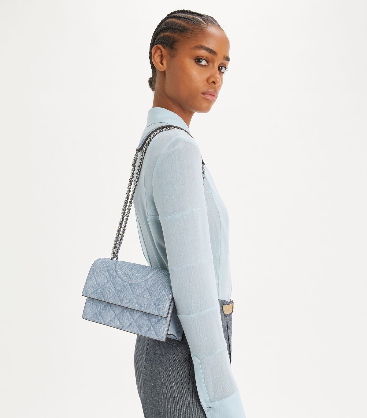 tory burch small fleming denim print suede shoulder bag