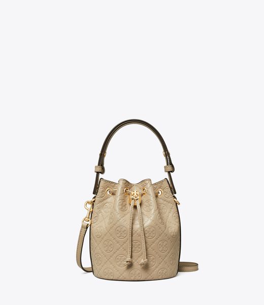 tory burch t monogram leather mini bucket bag