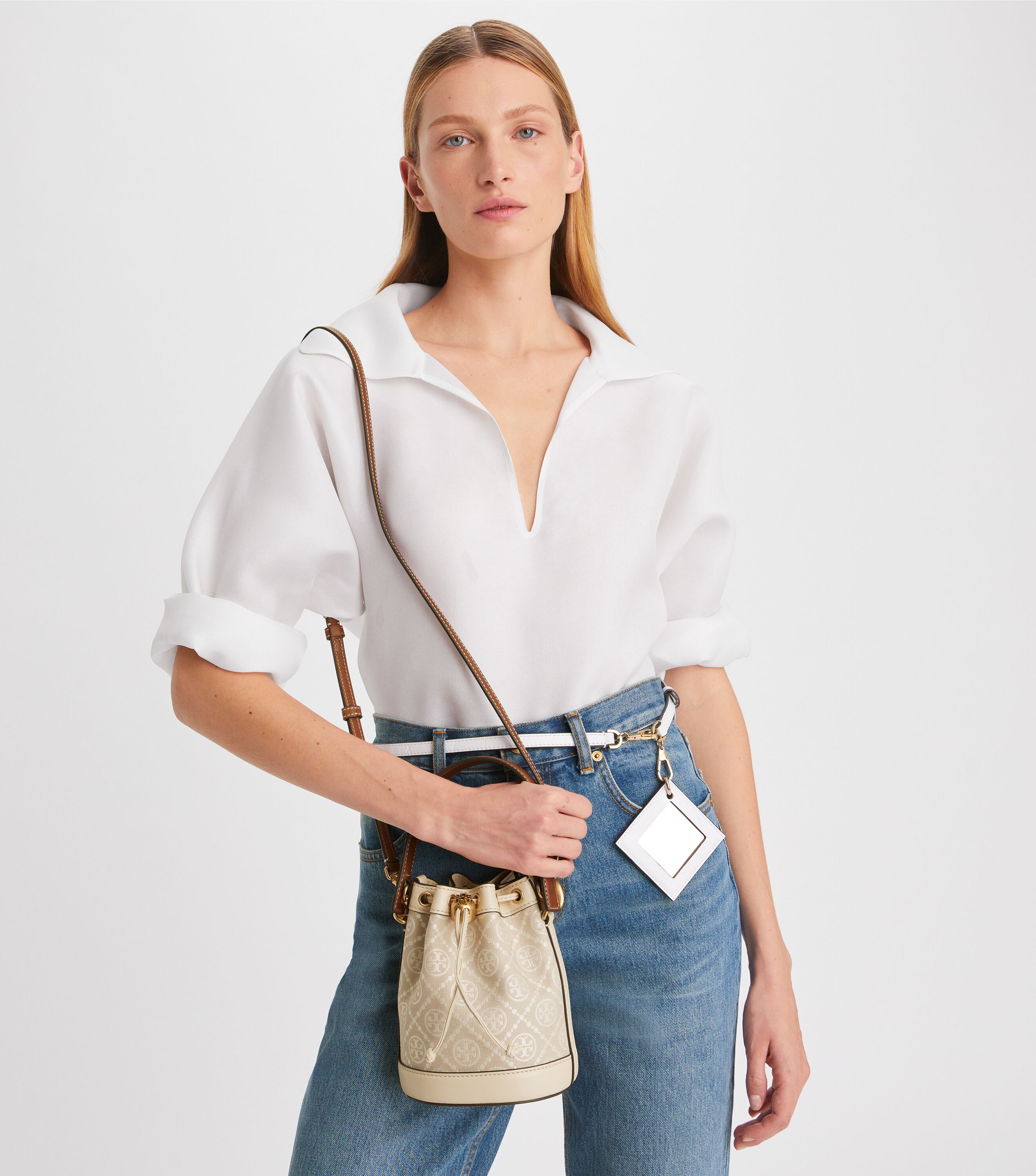 Mini T Monogram Bucket Bag, Ivory | Tory Burch KSA