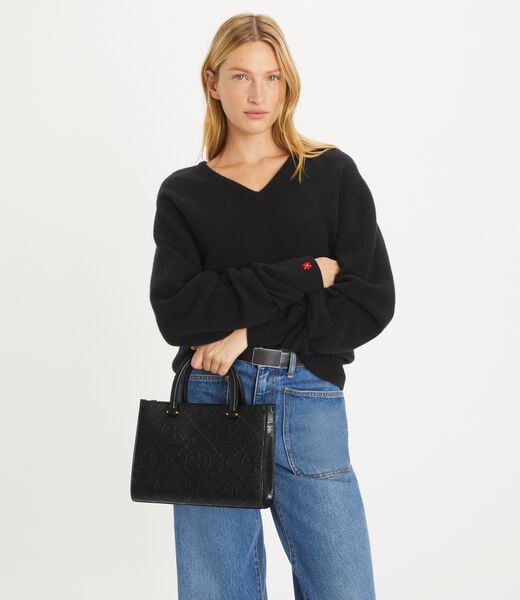 tory burch t monogram top handle embossed tote