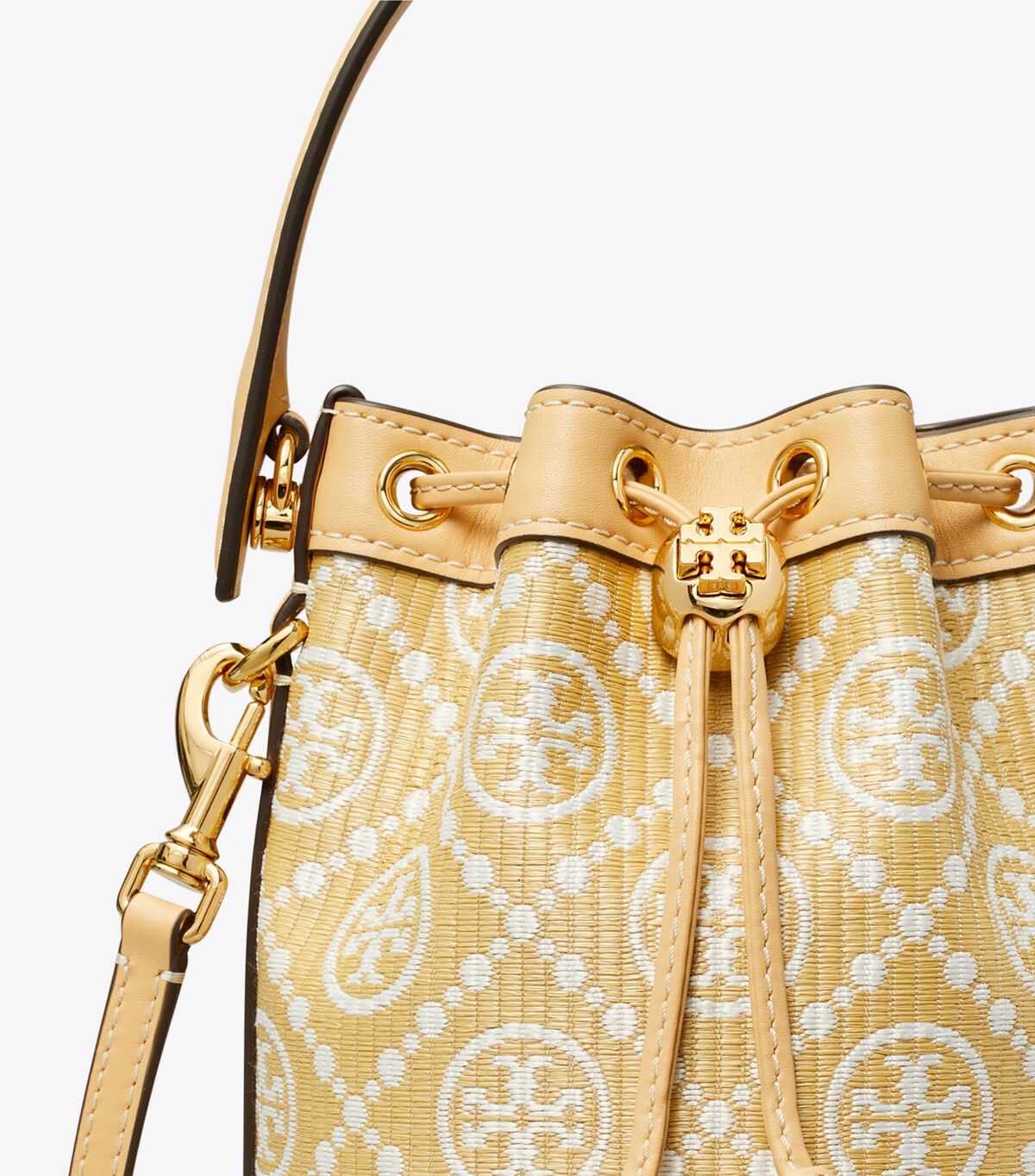 tory burch t monogram raffia mini bucket bag