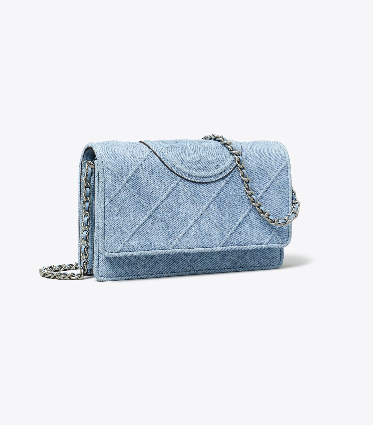 tory burch fleming denim print suede chain wallet