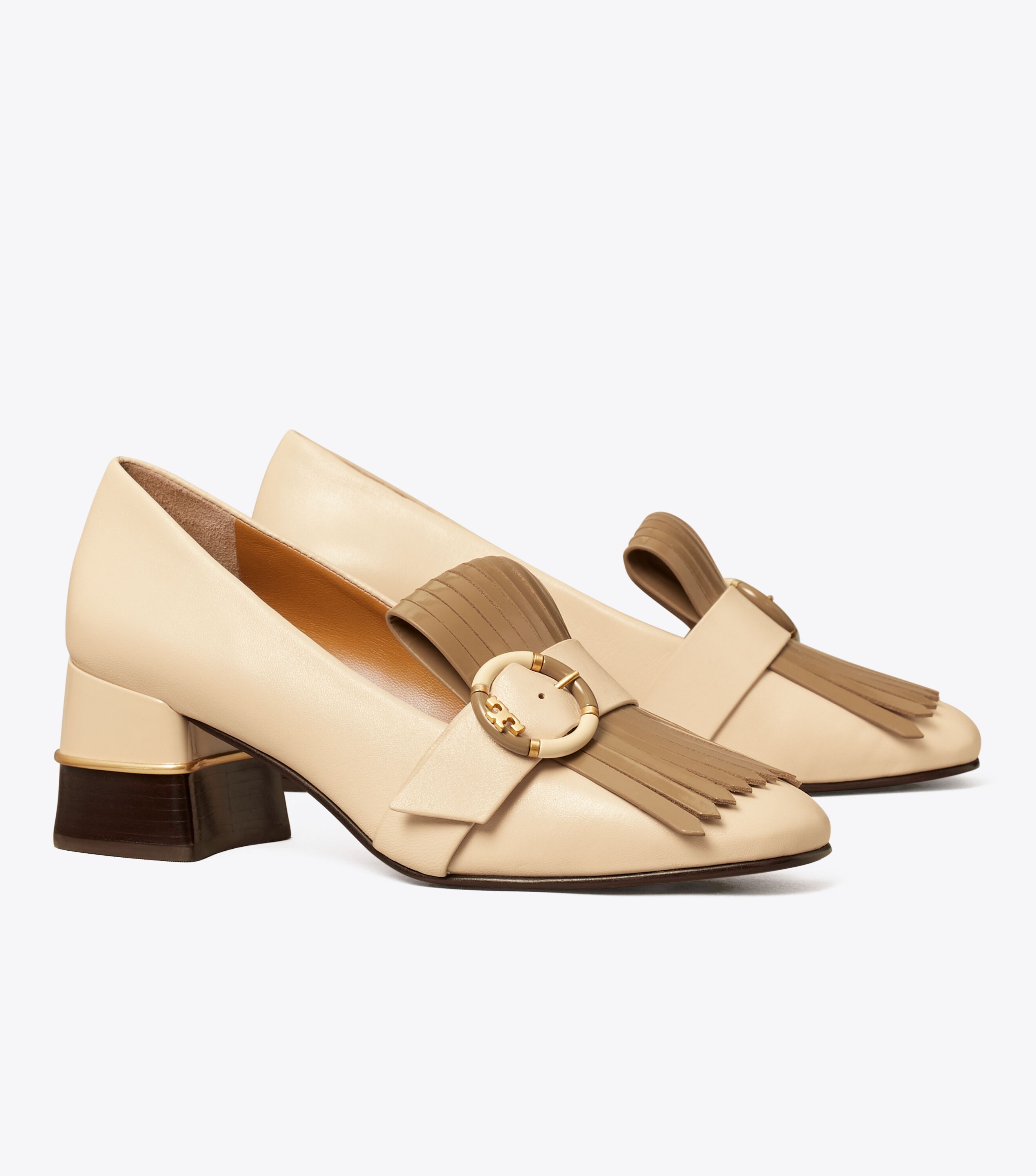 Multi-Logo Kiltie Heeled Loafer, BRIE / ALMOND FLOUR | Tory Burch KSA
