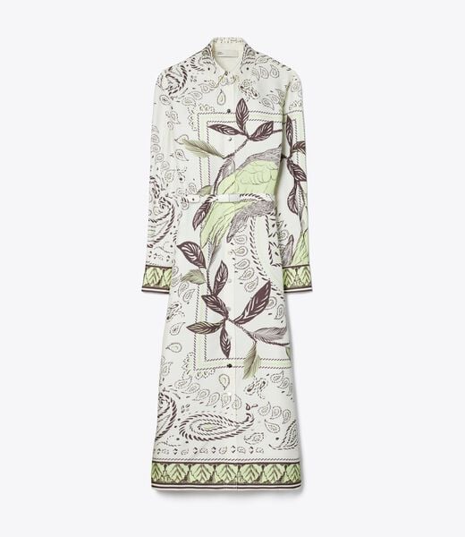 tory burch فستان قميص حريري مطبوع