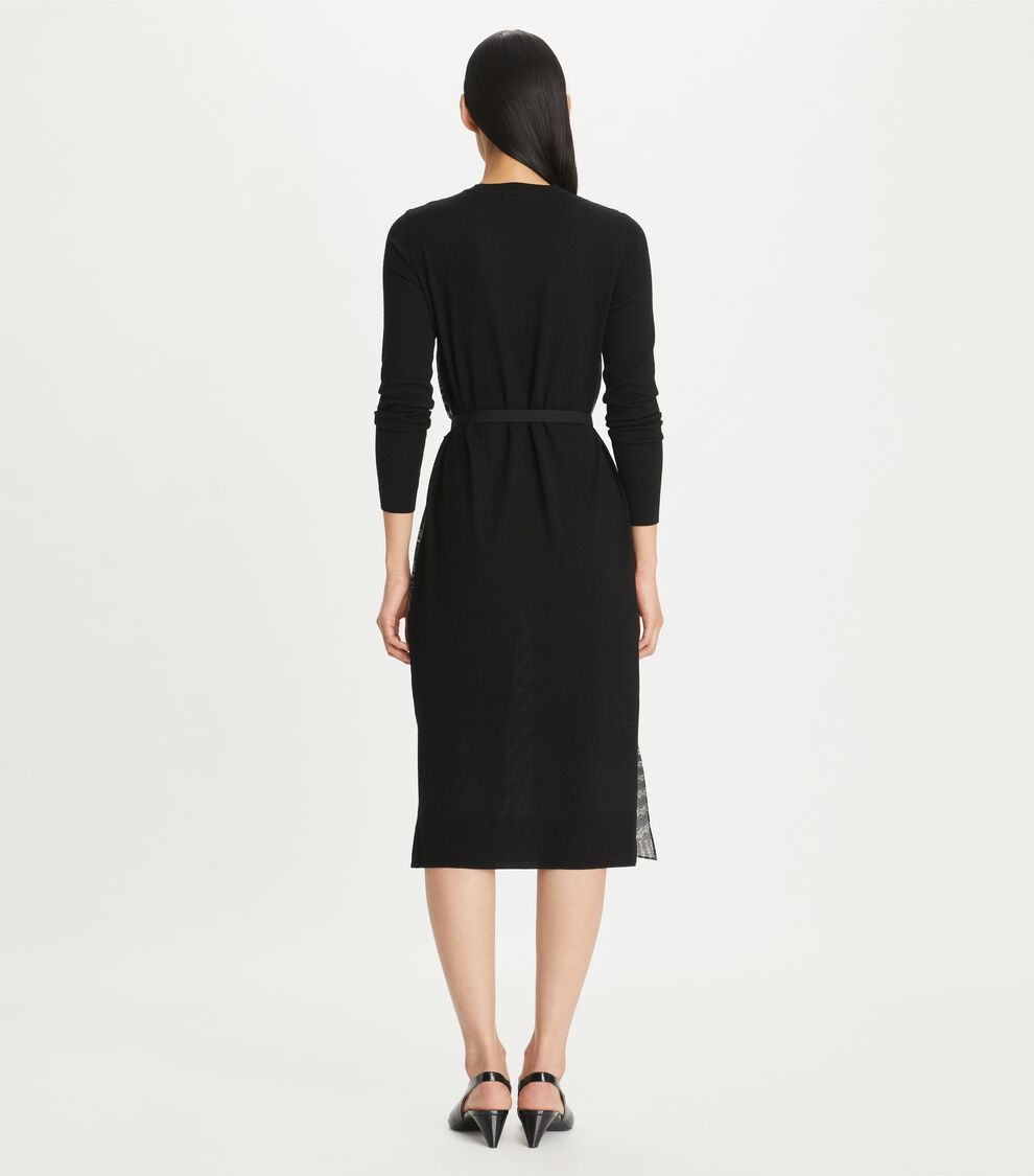tory burch greer dress Greer Silk-Front Sweater Dress, Black / Black Warped Lace