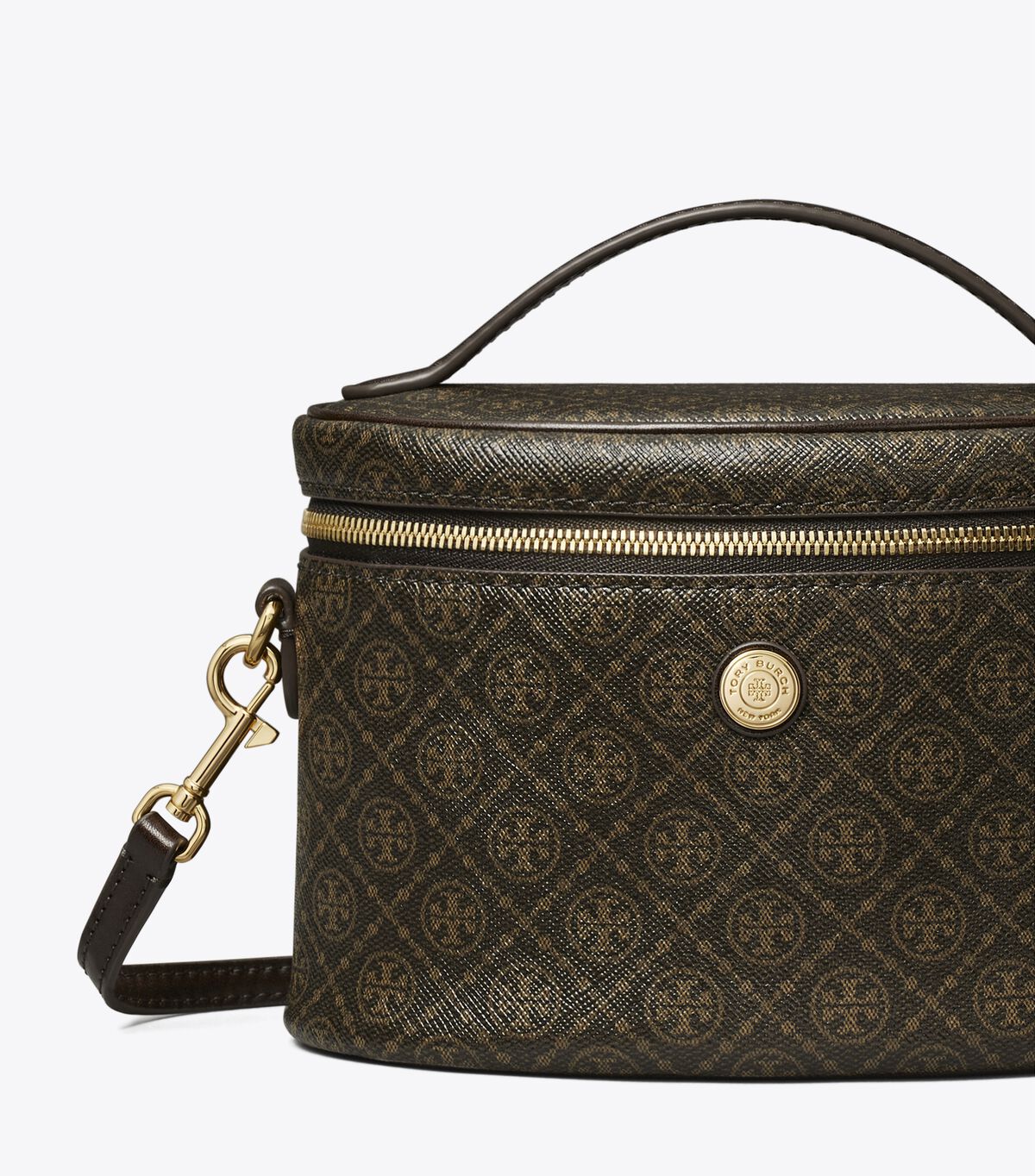 tory burch حقيبة مستحضرات تجميل تي مونوغرام ناعمة من القماش المغطى