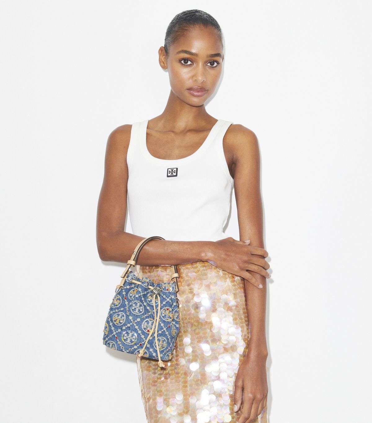 tory burch t monogram denim embellished mini bucket bag