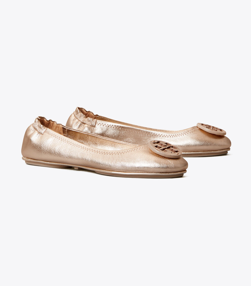 Minnie Travel Ballet Flat, Metallic Leather, Rose Gold Tory