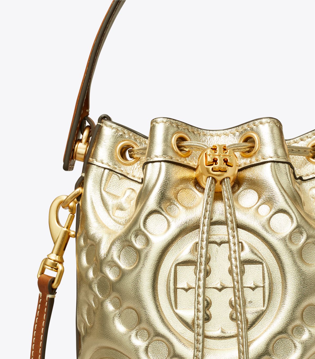 tory burch t monogram embossed metallic mini bucket bag