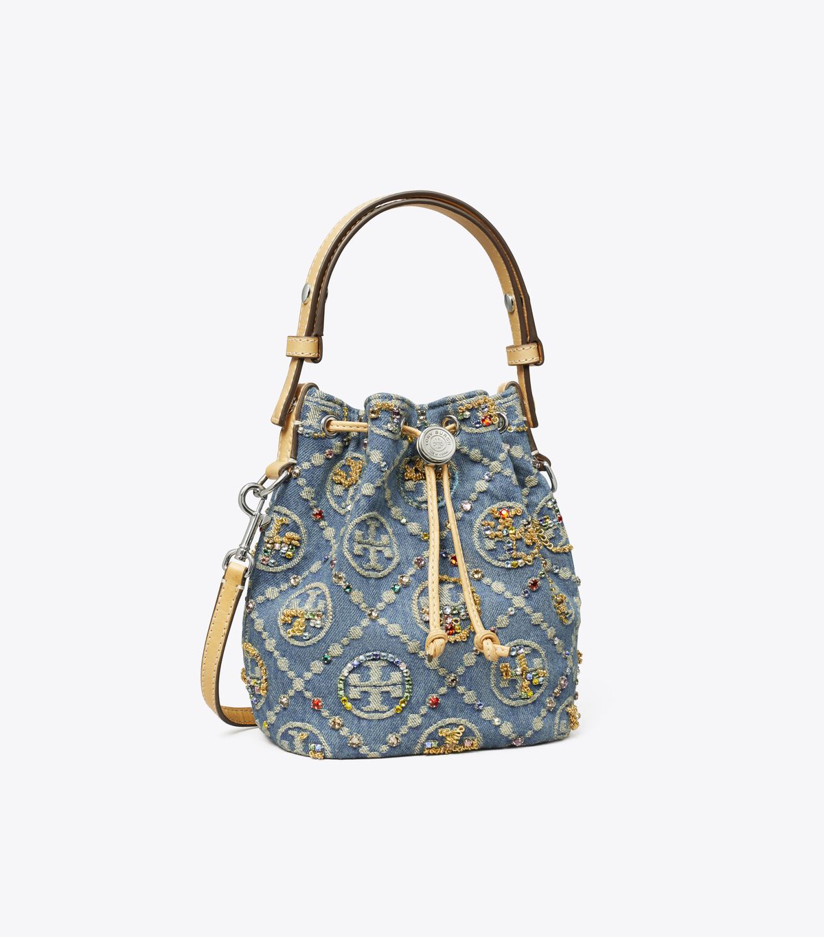 tory burch t monogram denim embellished mini bucket bag
