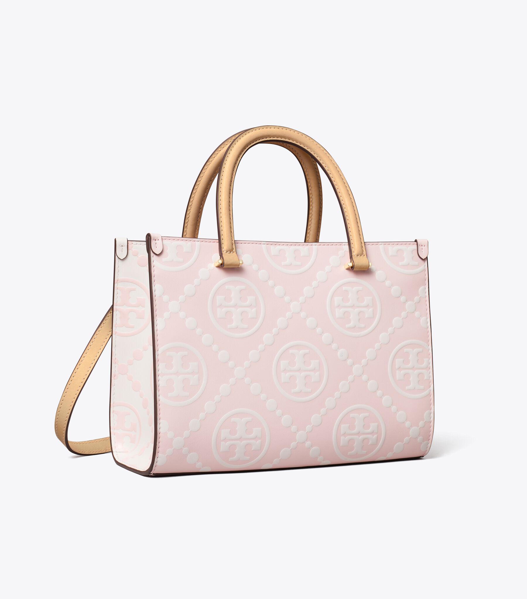 T Monogram Contrast Embossed Top-Handle Tote, Powder Pink Tory