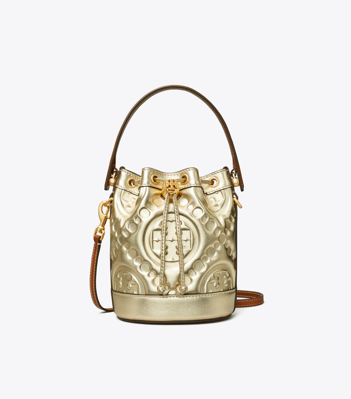 tory burch t monogram embossed metallic mini bucket bag
