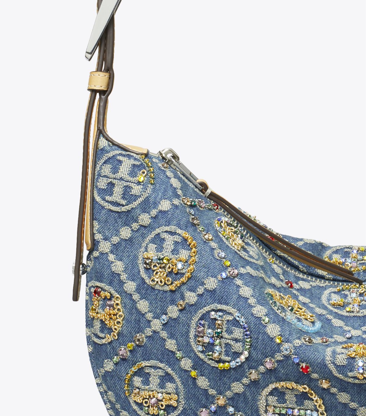 tory burch t monogram denim embellished small balloon bag
